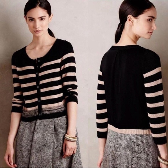 ANTHROPOLOGIE MOTH Women’s Black Beige Ombré Striped Button Up Cardigan Size M - Picture 1 of 8